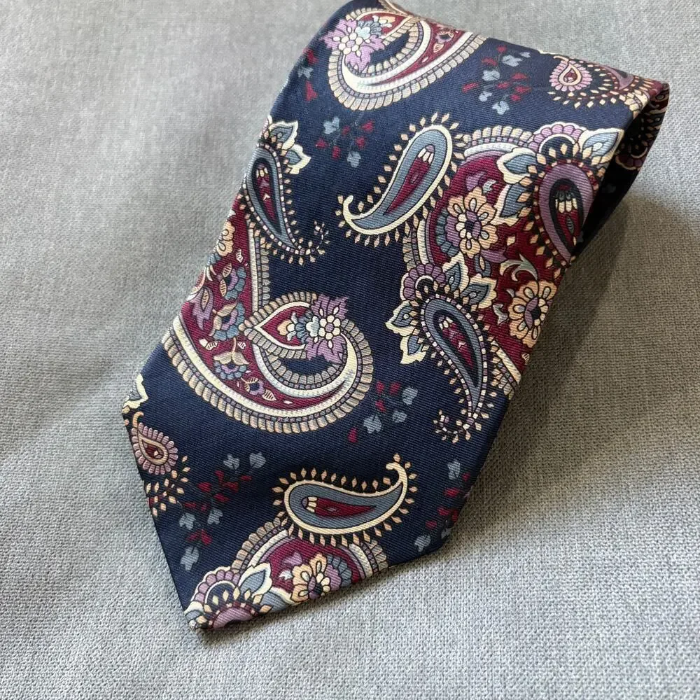 Christian Dior Monsieur Silk Tie Paisley Navy Burgundy Vintage USA OldMoney